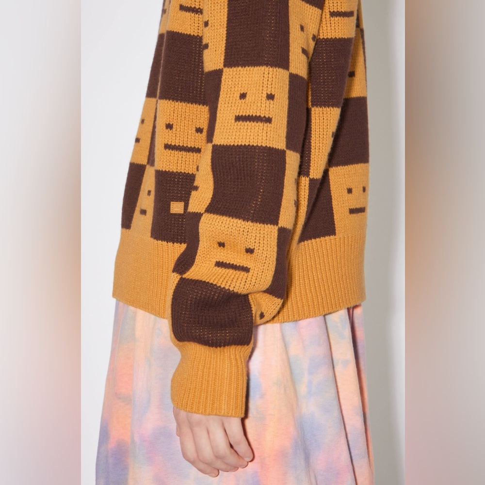 🍁☃️ACNE STUDIOS Women's Face Jacquard Wool Sweater Ochre Orange Coffee Brown - Picture 8 of 14